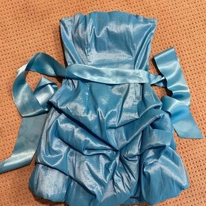 Jessica McClintock Blue Strapless Ruffle Bow Mini Dress Size 8